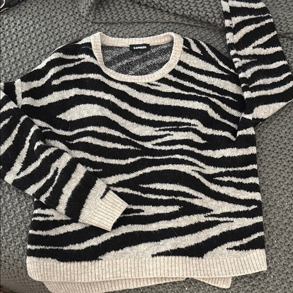 Express Black and Cream Zebra Print Crew Neck Sweater